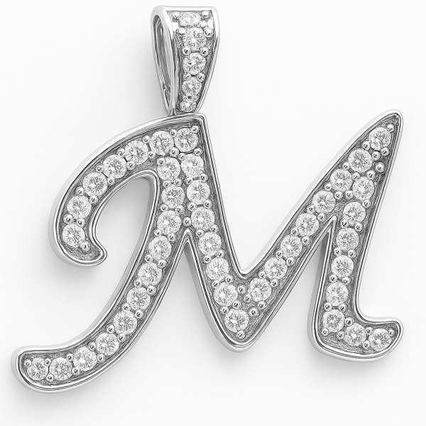 Big Letter M Pendant with Stones – Sterling Silver Initial Necklace